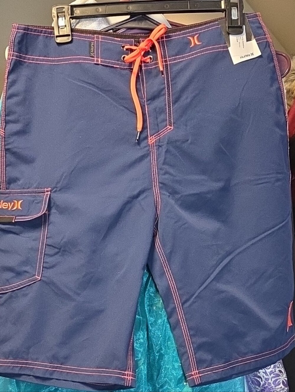 Hurley Men's Navy Blue Board Shorts with Orange Drawstring